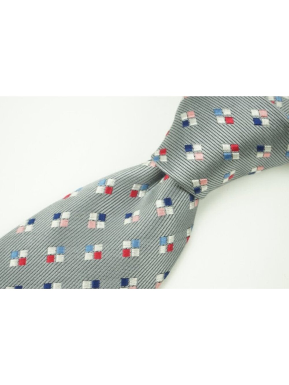 Turnbull & Asser Silver Blue Pink Red White Geometric 100% Silk Tie
